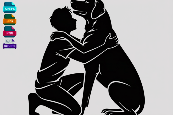 Boy Hugging Dog Silhouette SVG