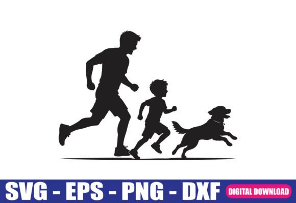 Dad Son and Dog Running SVG Cut File